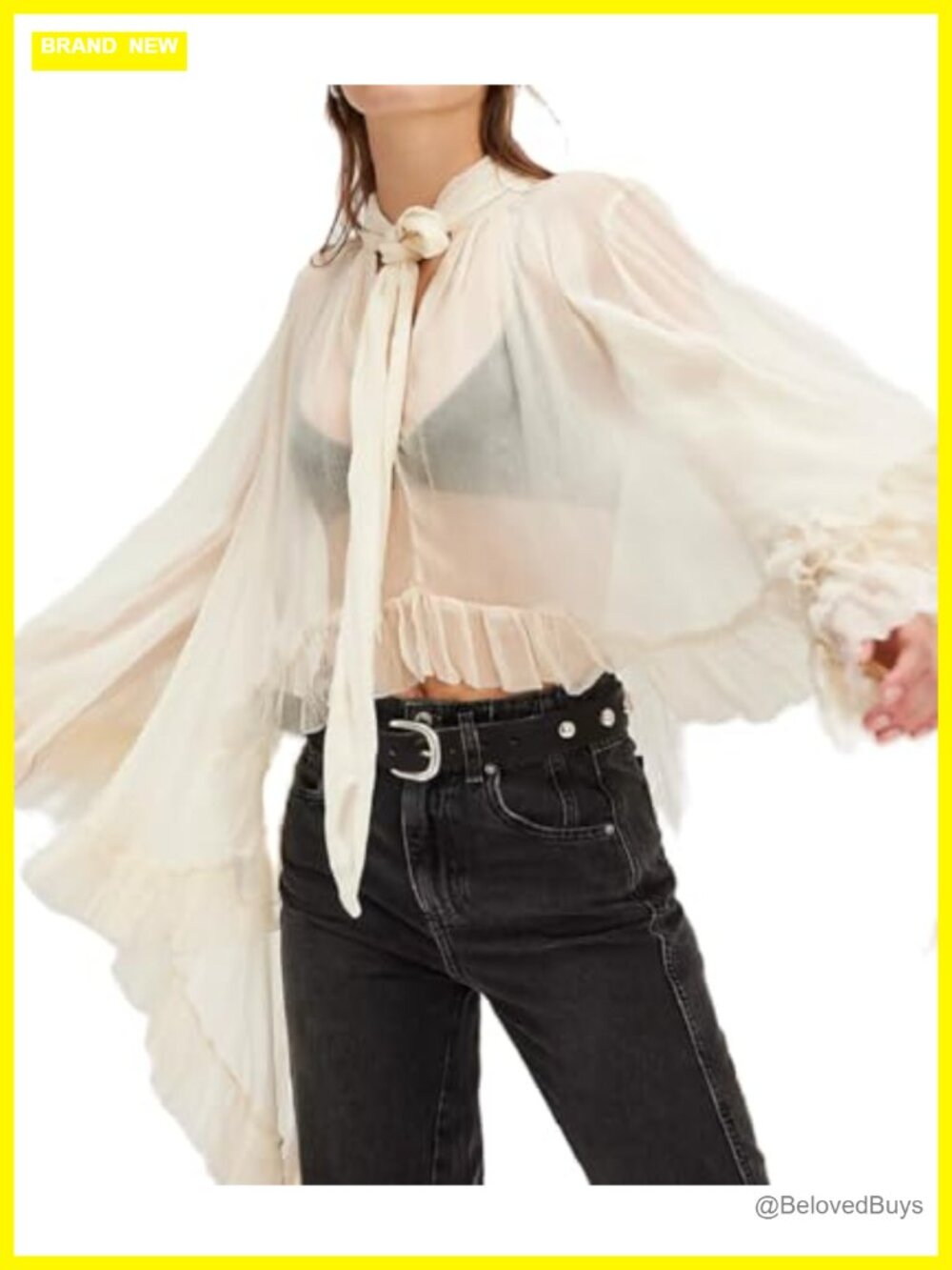 Women's Sheer Chiffon Ruffle Trim Blouse Self Tie Neck Tunic Top